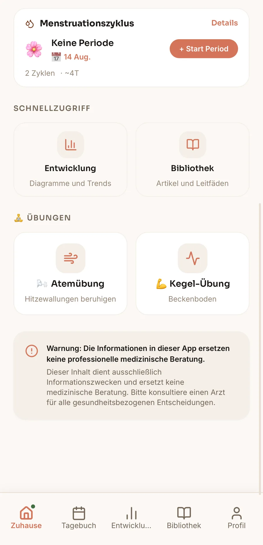 Cycle tracking screen — flow, blood color, clots, cramps