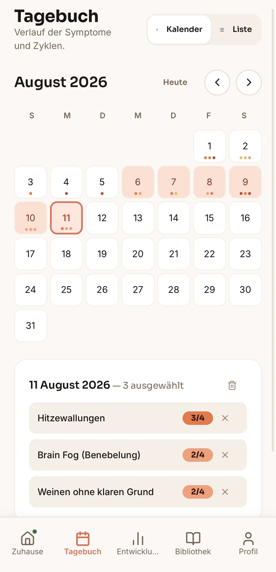 Journal screen — cycle calendar and symptom history