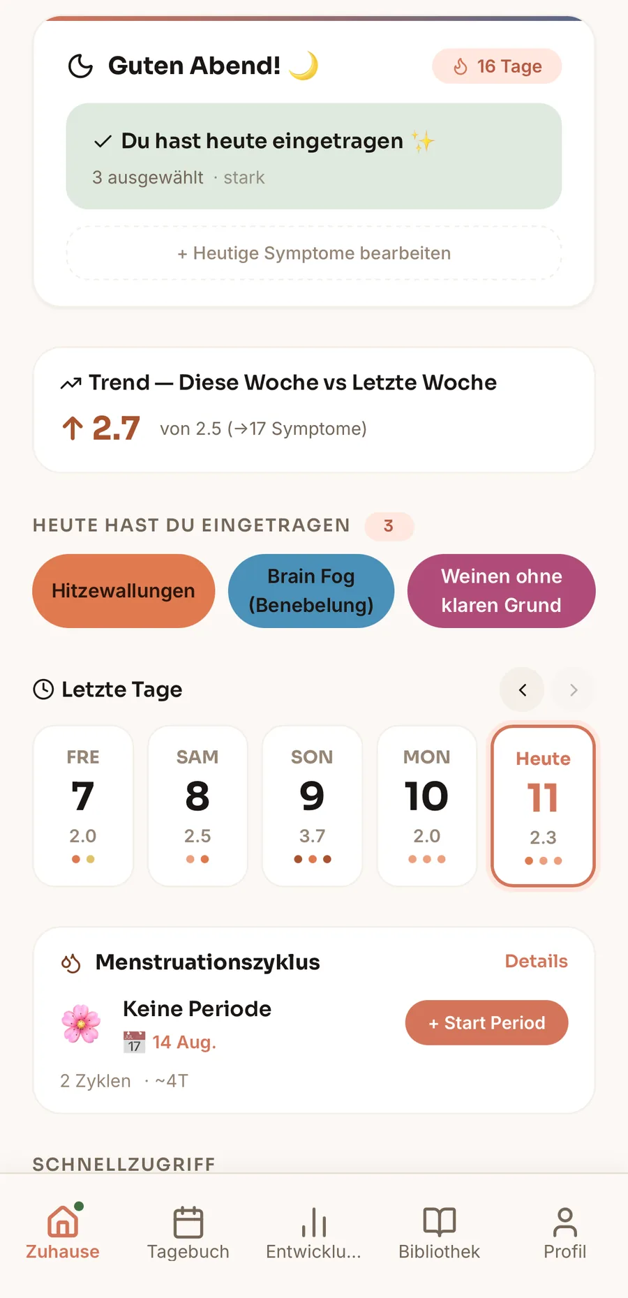 MeNoPause Discover daily tracking screen — today's symptoms, mood and cycle phase