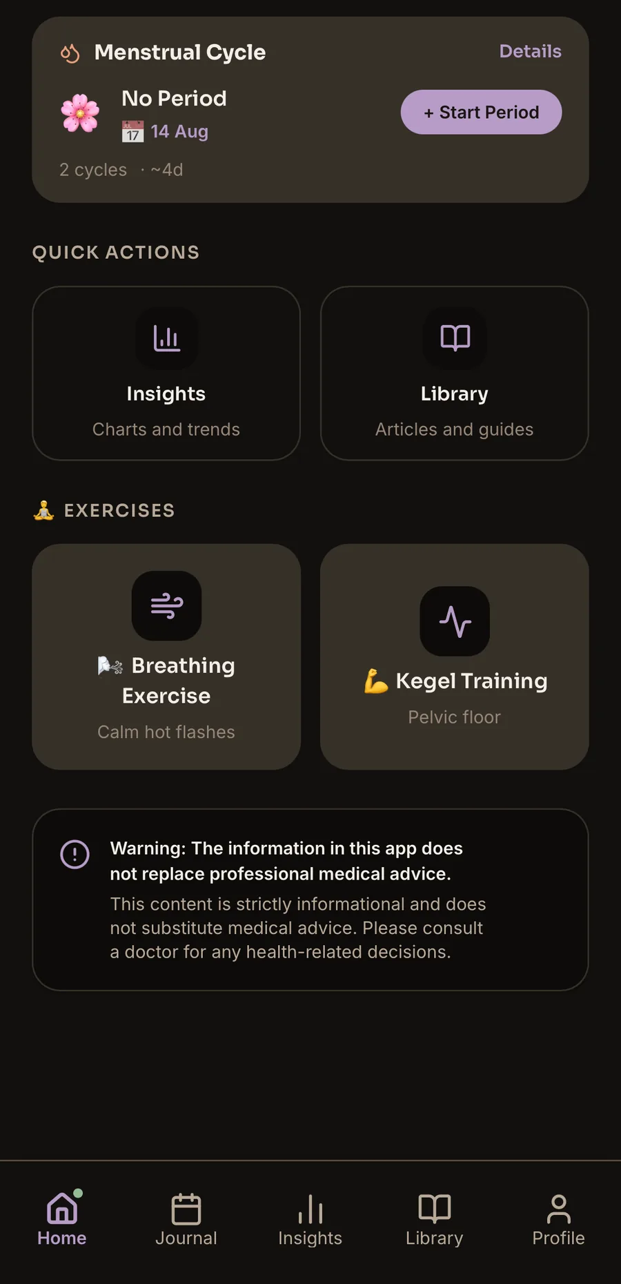 Cycle tracking screen — flow, blood color, clots, cramps