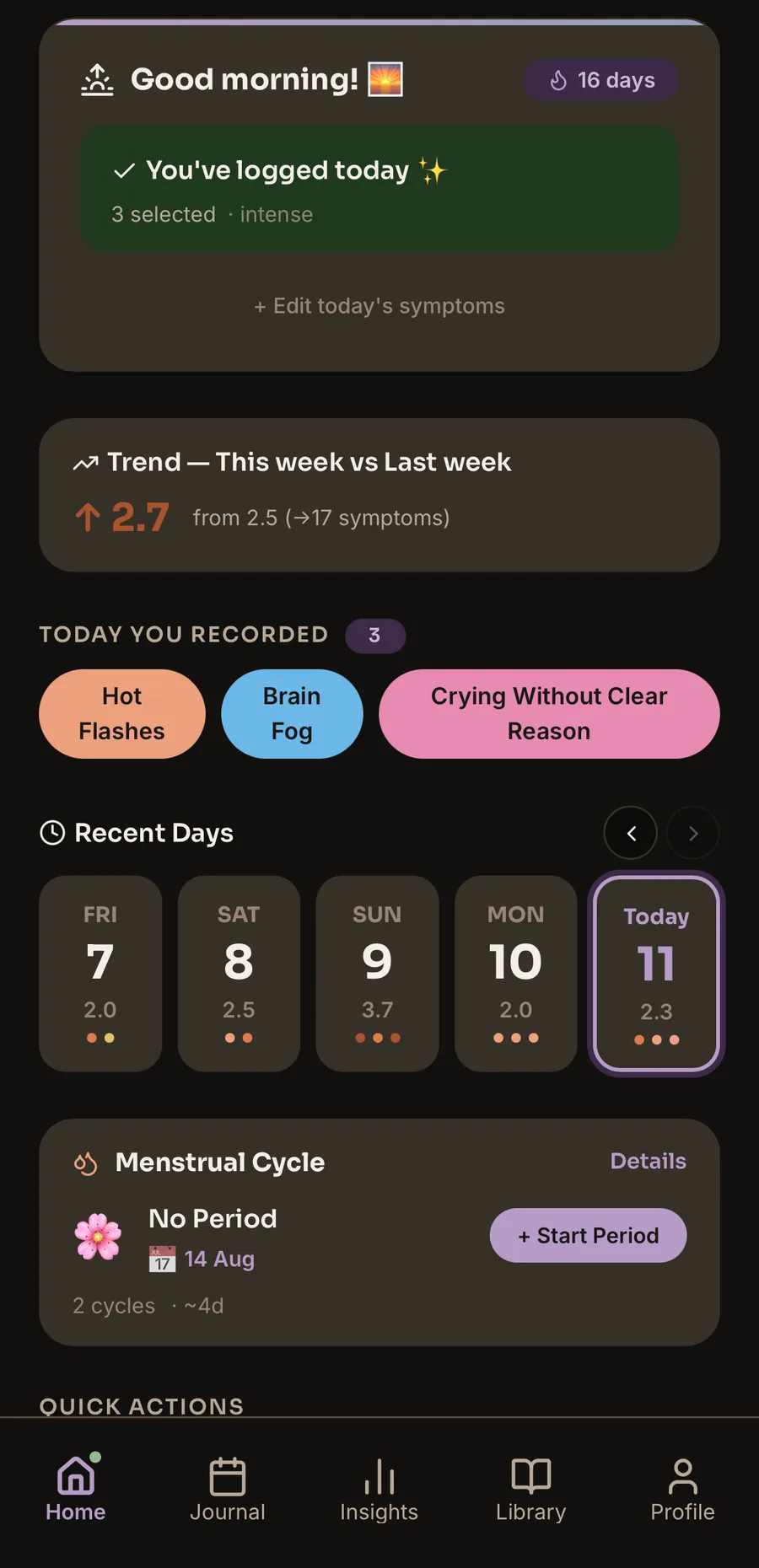 MeNoPause Discover daily tracking screen — today's symptoms, mood and cycle phase