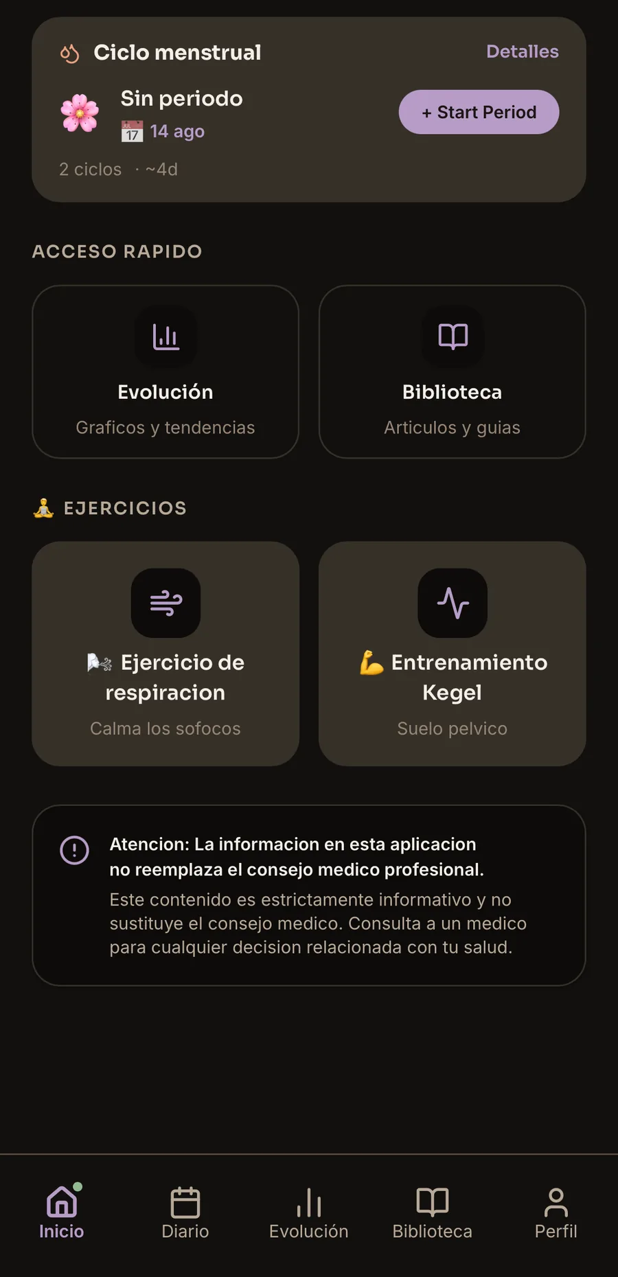 Cycle tracking screen — flow, blood color, clots, cramps