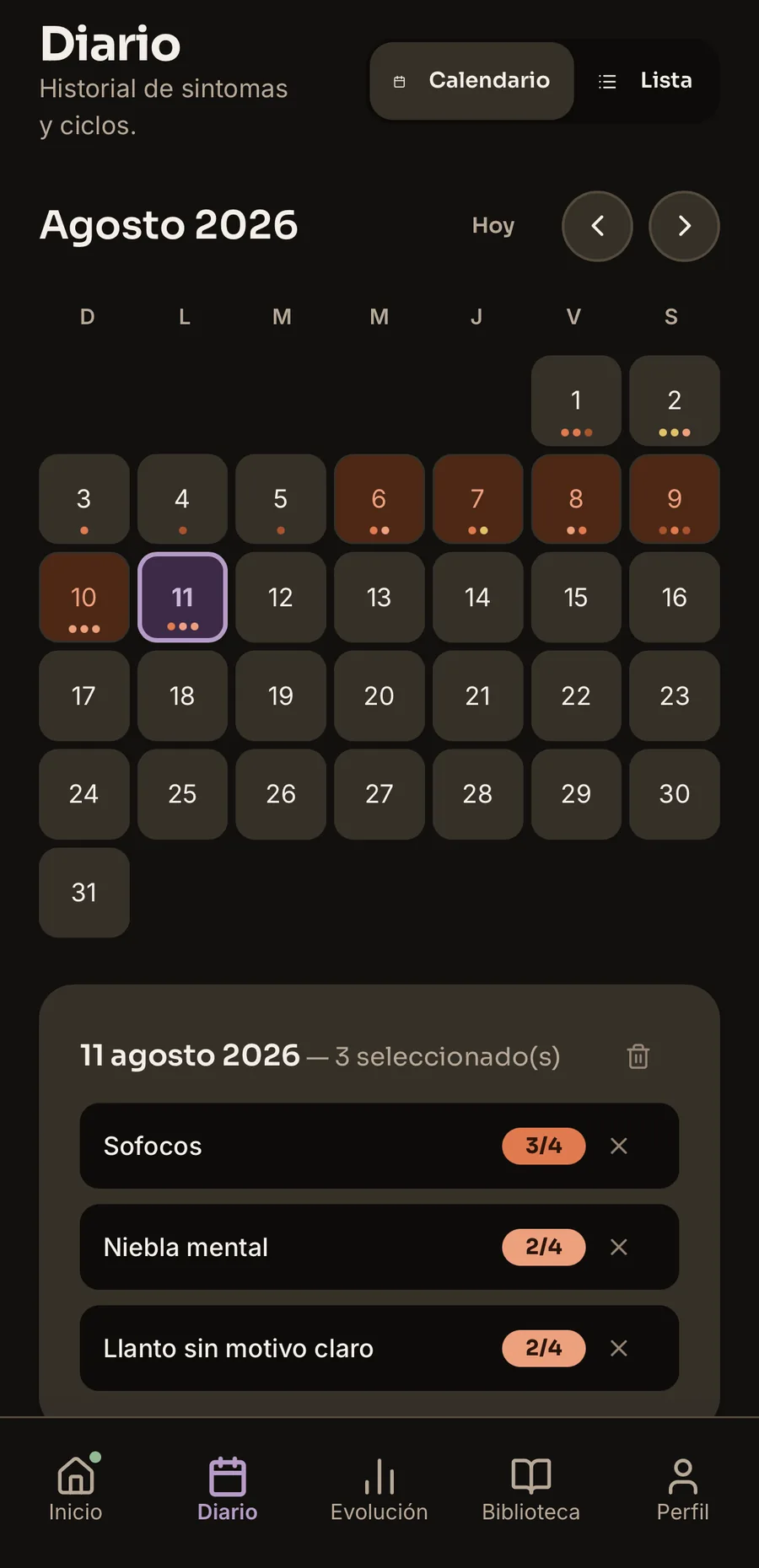 Journal screen — cycle calendar and symptom history