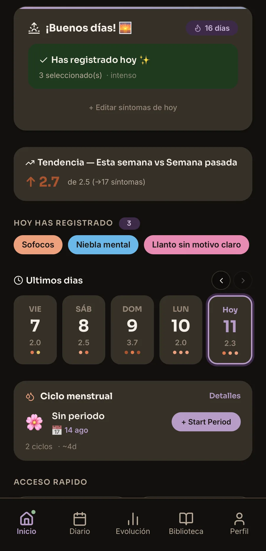 MeNoPause Discover daily tracking screen — today's symptoms, mood and cycle phase