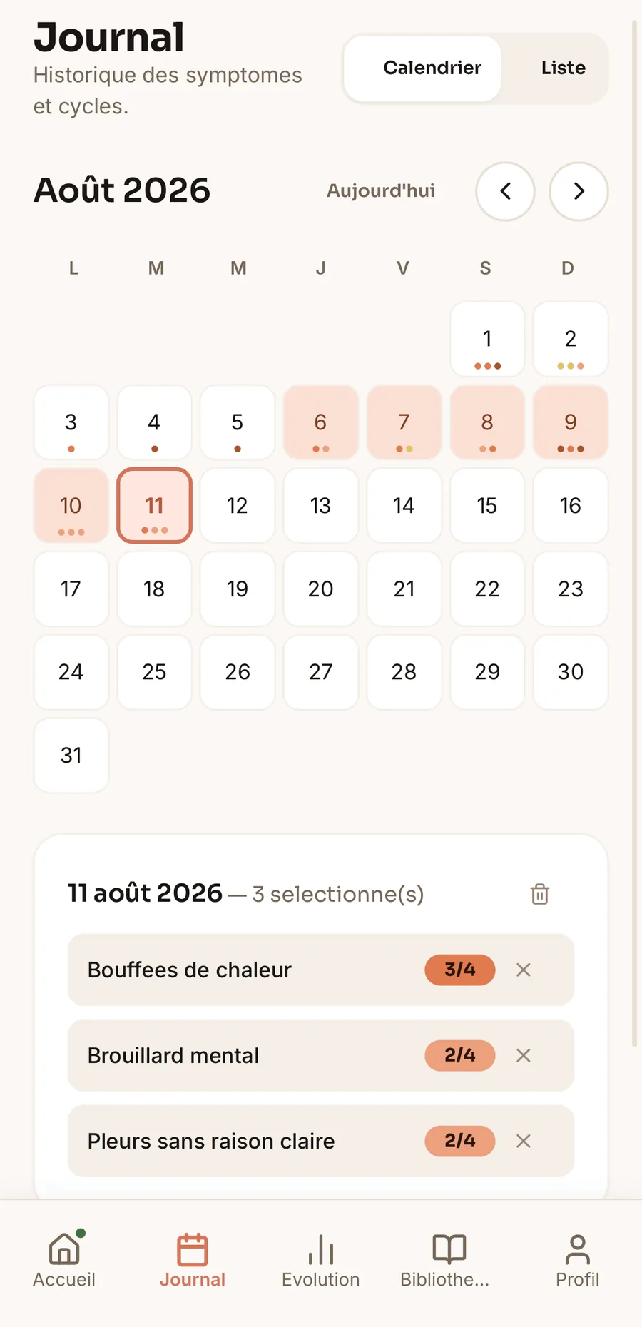 Journal screen — cycle calendar and symptom history