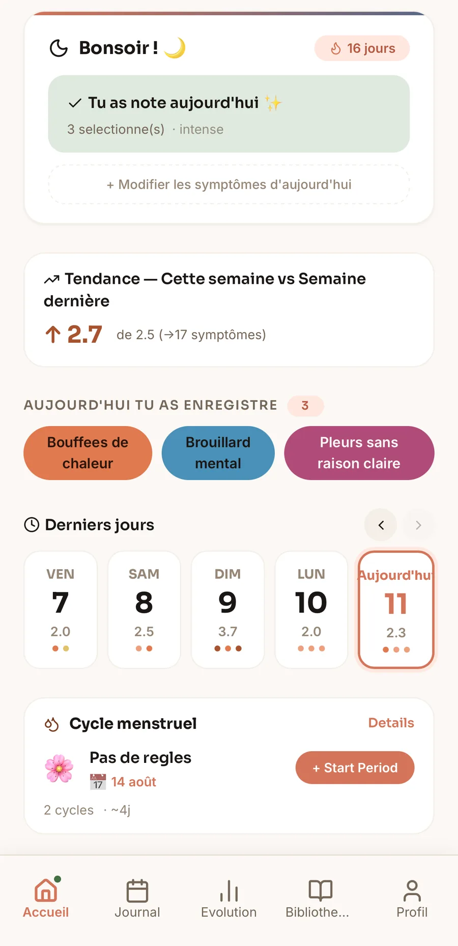 MeNoPause Discover daily tracking screen — today's symptoms, mood and cycle phase