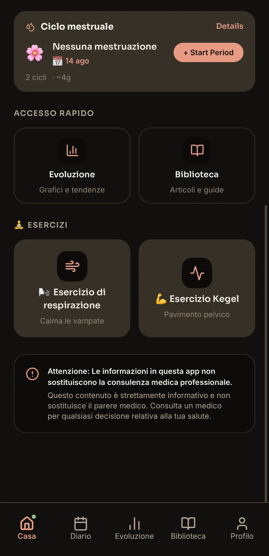 Cycle tracking screen — flow, blood color, clots, cramps