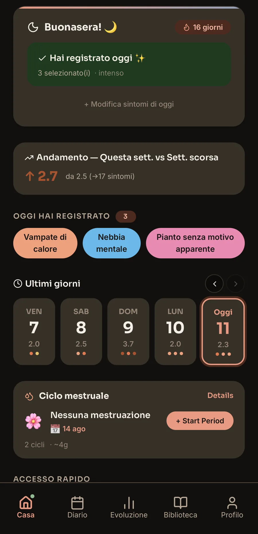 MeNoPause Discover daily tracking screen — today's symptoms, mood and cycle phase