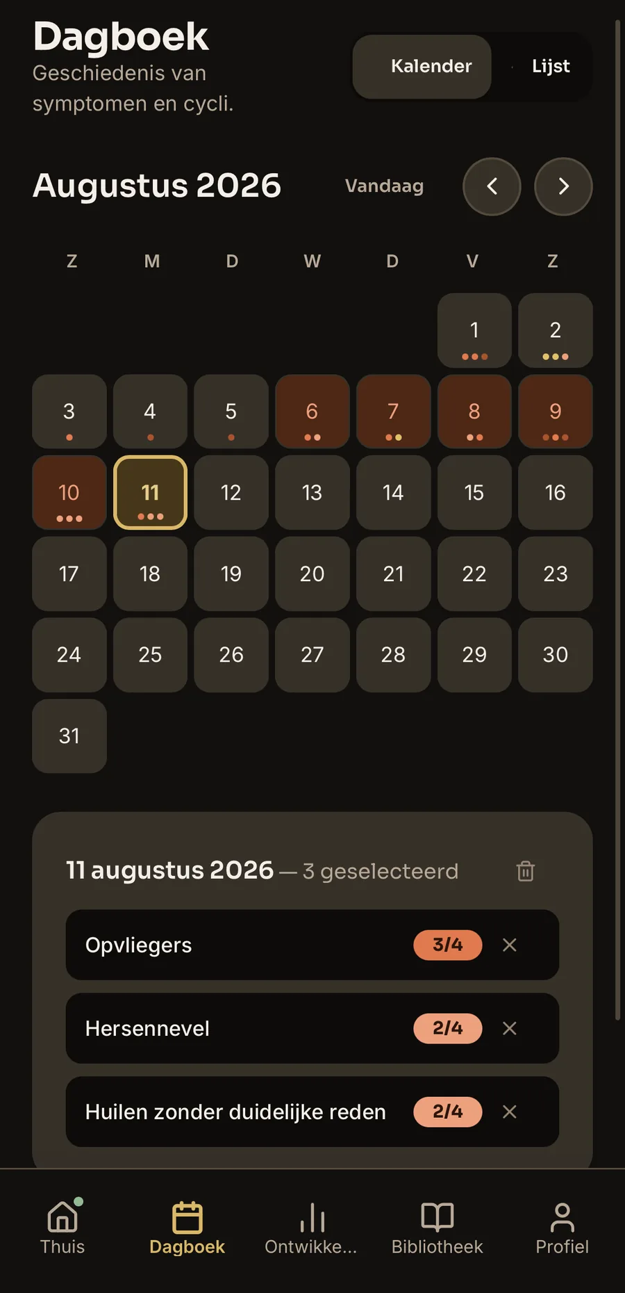 Journal screen — cycle calendar and symptom history