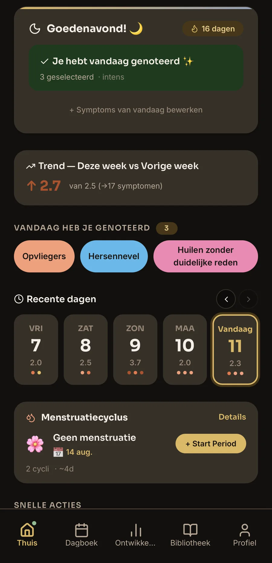 MeNoPause Discover daily tracking screen — today's symptoms, mood and cycle phase