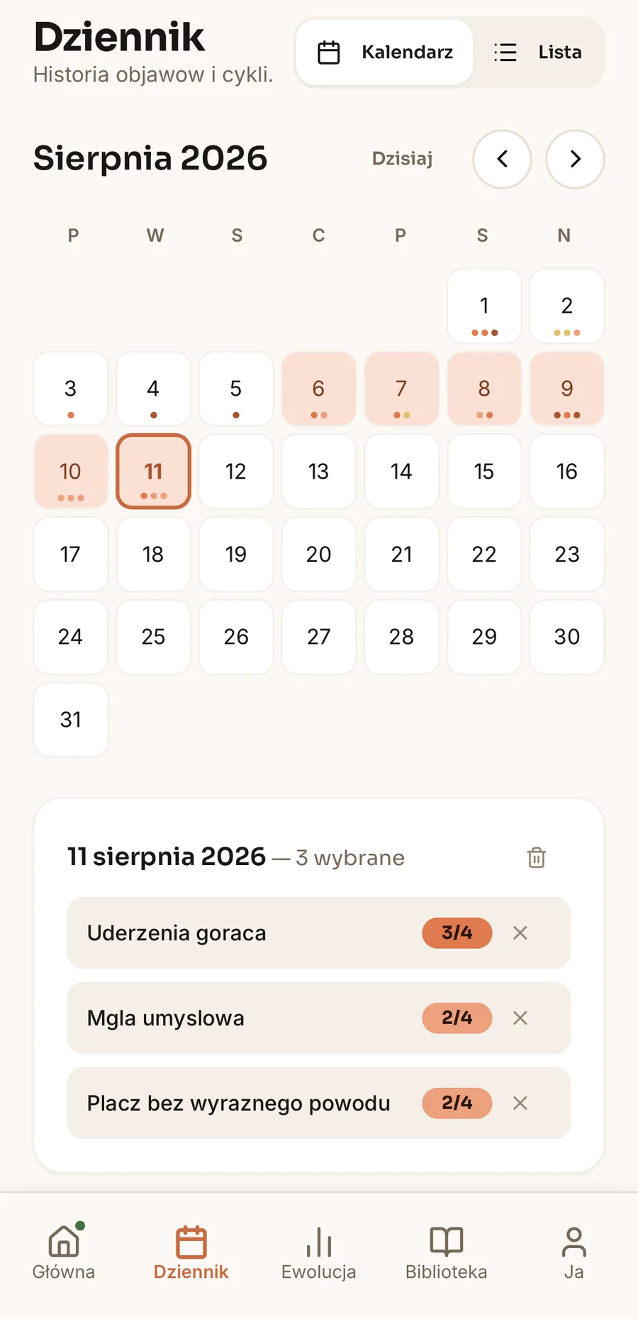 Journal screen — cycle calendar and symptom history