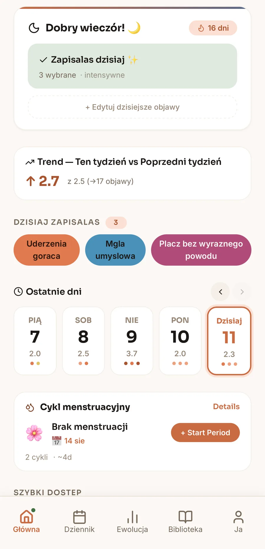 MeNoPause Discover daily tracking screen — today's symptoms, mood and cycle phase