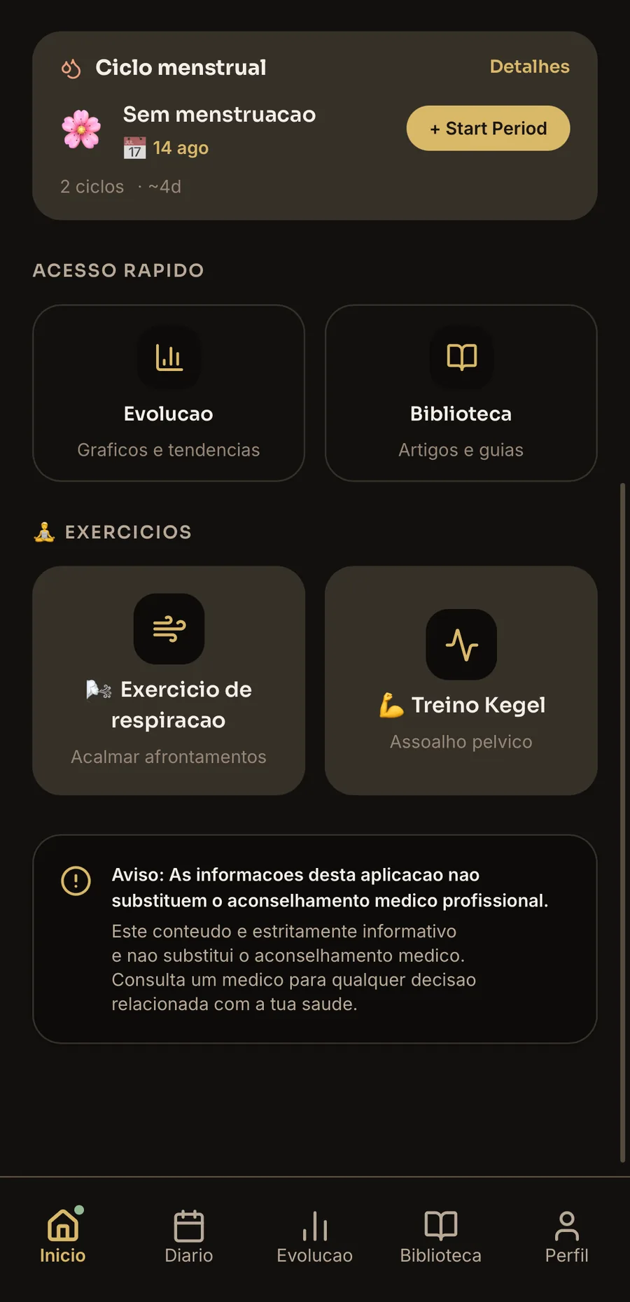 Cycle tracking screen — flow, blood color, clots, cramps