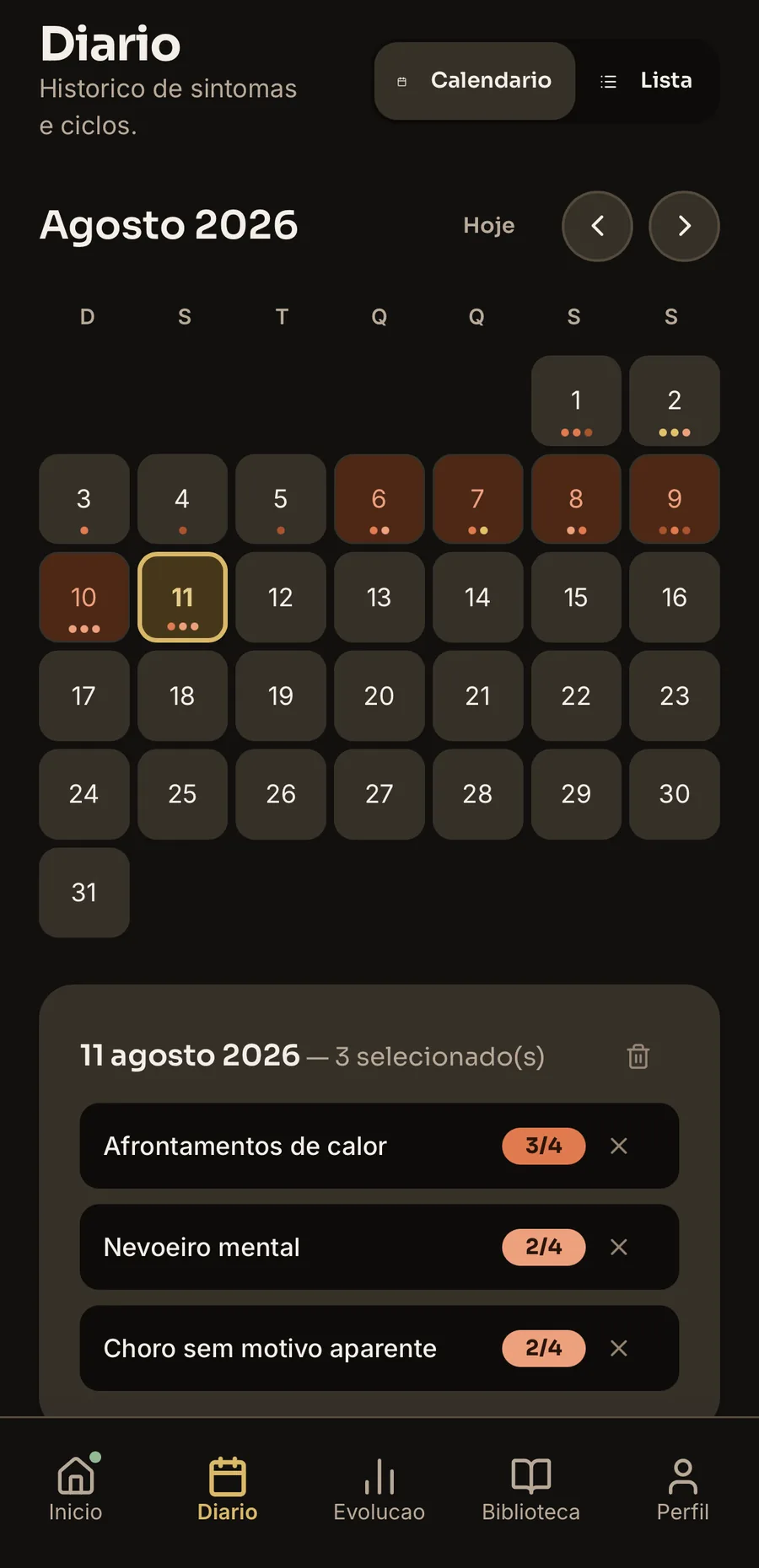 Journal screen — cycle calendar and symptom history