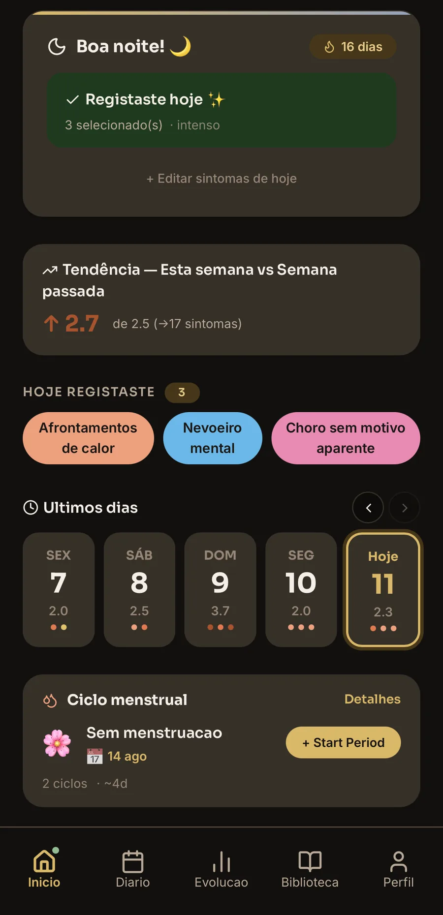 MeNoPause Discover daily tracking screen — today's symptoms, mood and cycle phase