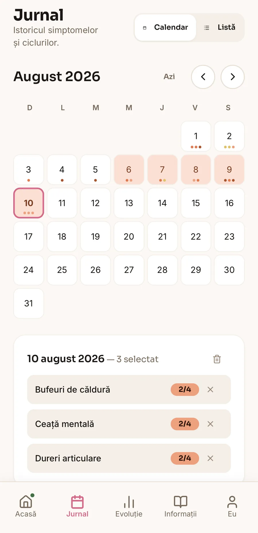 Journal screen — cycle calendar and symptom history