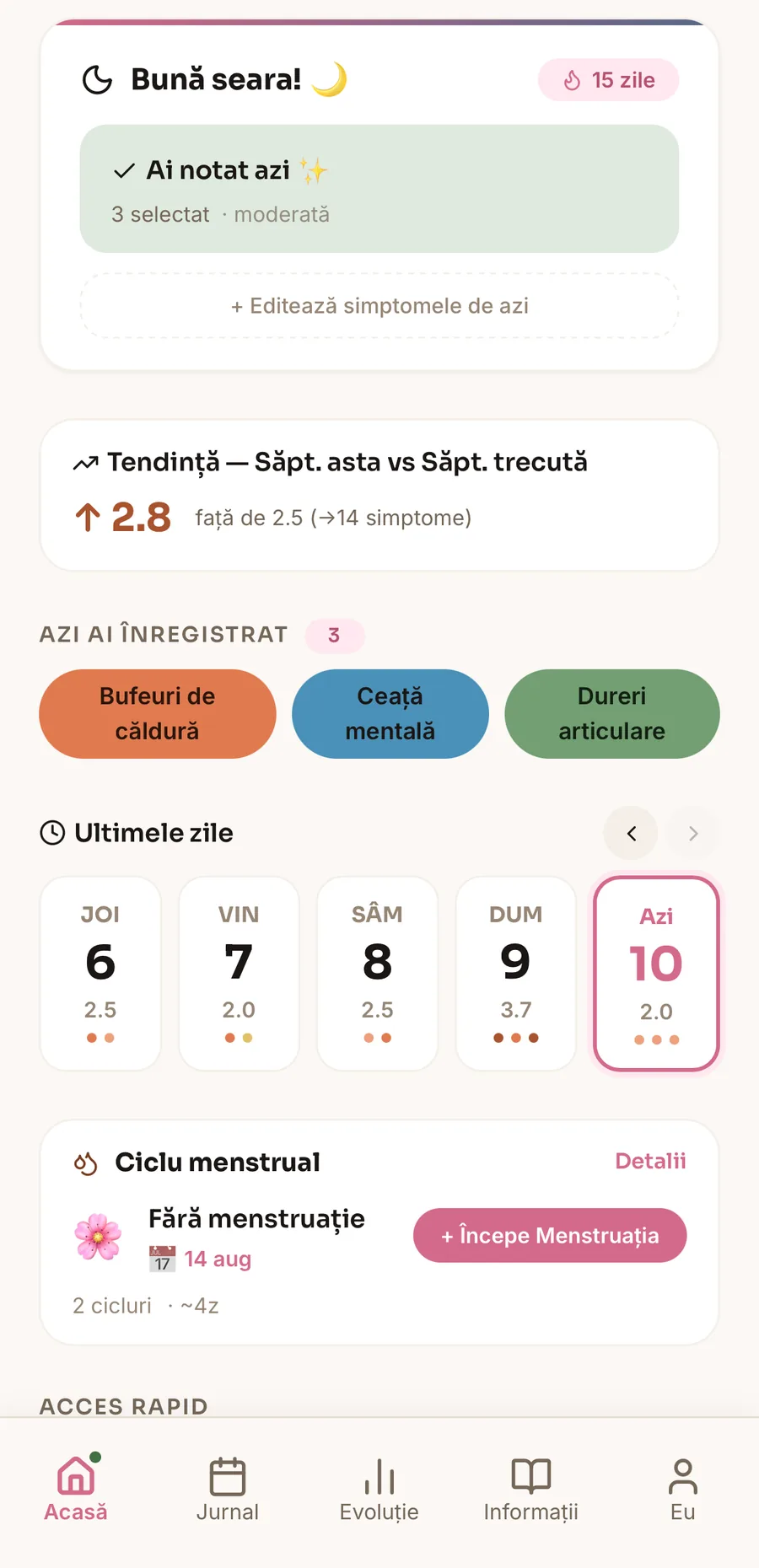 MeNoPause Discover daily tracking screen — today's symptoms, mood and cycle phase