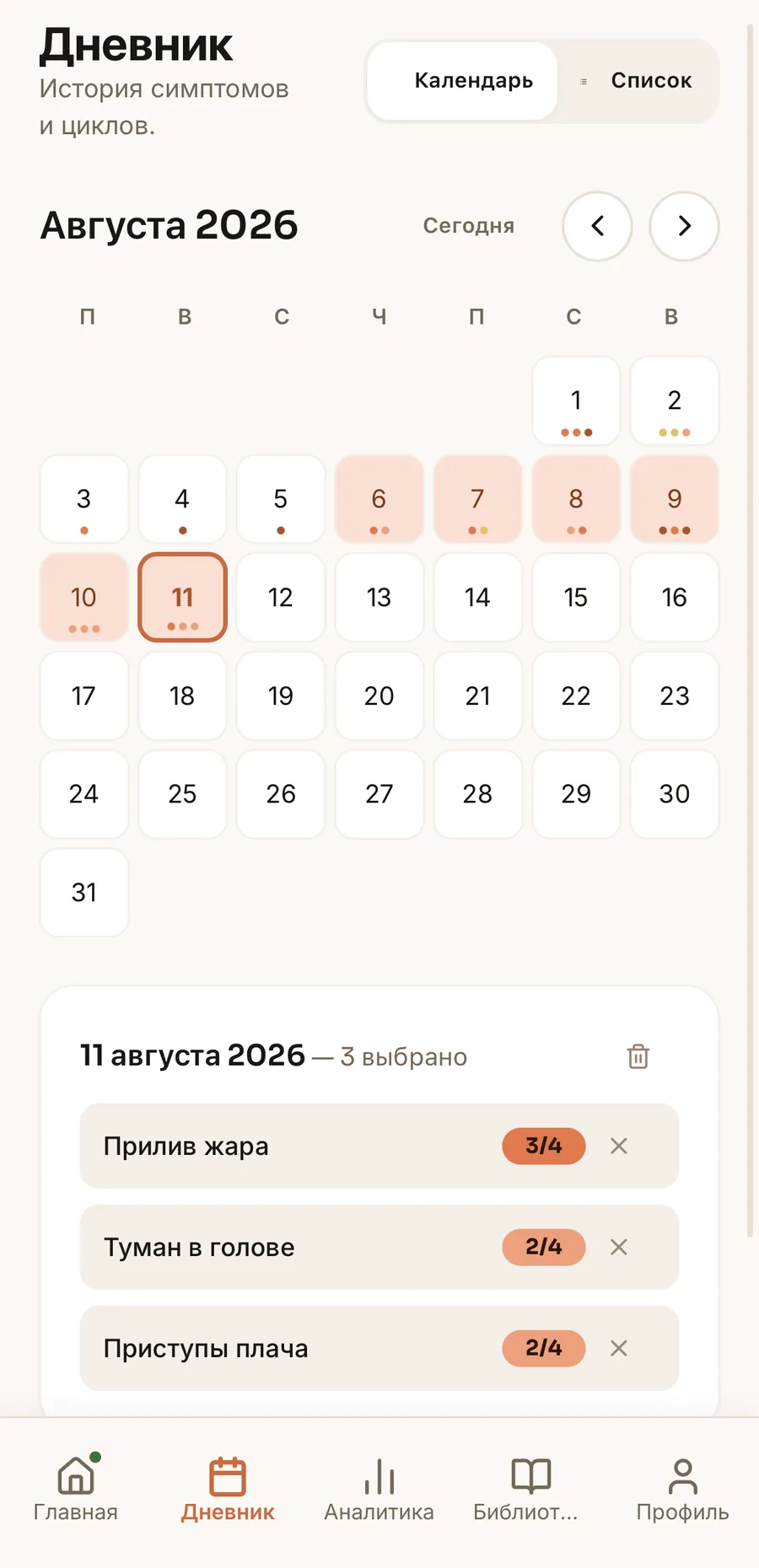 Journal screen — cycle calendar and symptom history